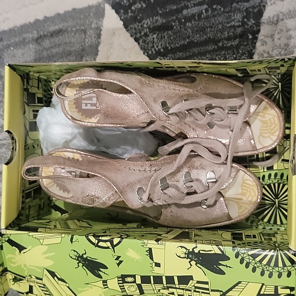 Fly London Rose Gold Lace-Up Slingback Wedge Sandals
